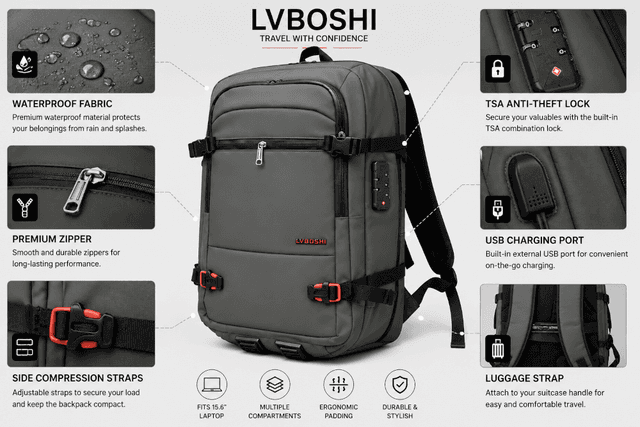 Sac à dos de voyage LVBOSHI étanche avec port USB pour ordinateur portable 15,6" – Vert olive