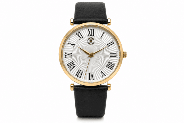 Christian Lacroix Gold-Tone Roman Numeral Watch – Black Leather Strap