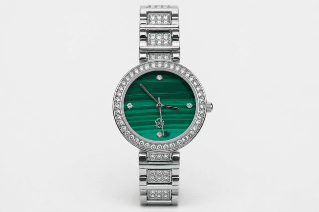 Christian Lacroix Silver-Tone Emerald Green Dial Crystal Watch – Jewellery Bracelet