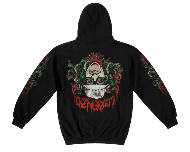Gildan Heavy Blend Black Graphic Hoodie with Serpent Sleeve Art - Size L