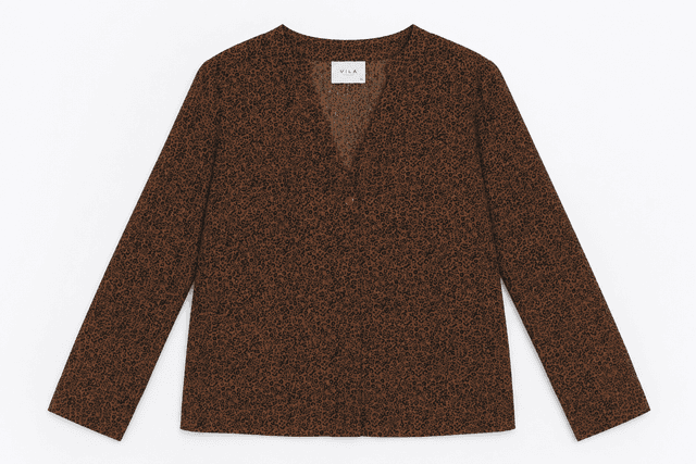 Blouse marron à micro-imprimé léopard et col V – Haut léger à manches longues pour femme. Taille 36