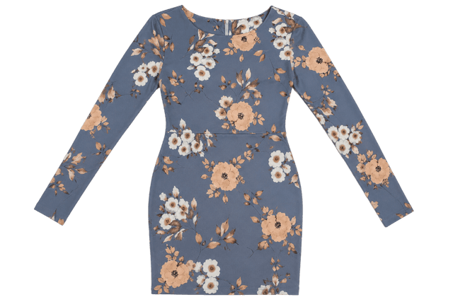 Robe ajustée fleurie bleu ardoise à manches longues L.C.K. pour femme – Taille L