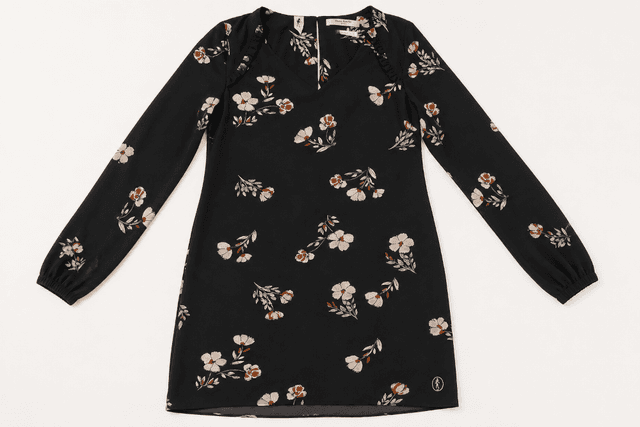Robe droite fleurie noire Dame Blanche pour femme – Manches longues et col V à volants. Taille - XS