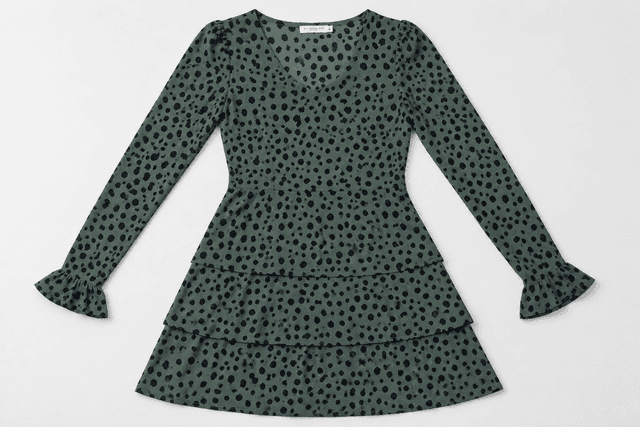 Women's MY JEWELLERY Sage Green Spotted Tiered Long-Sleeve Dress – Size S