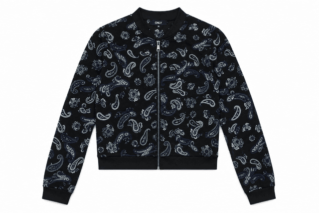ONLY Women's Black & Navy Paisley Bomber Jacket – Zip-Up Printed Jacket - EU Size 36